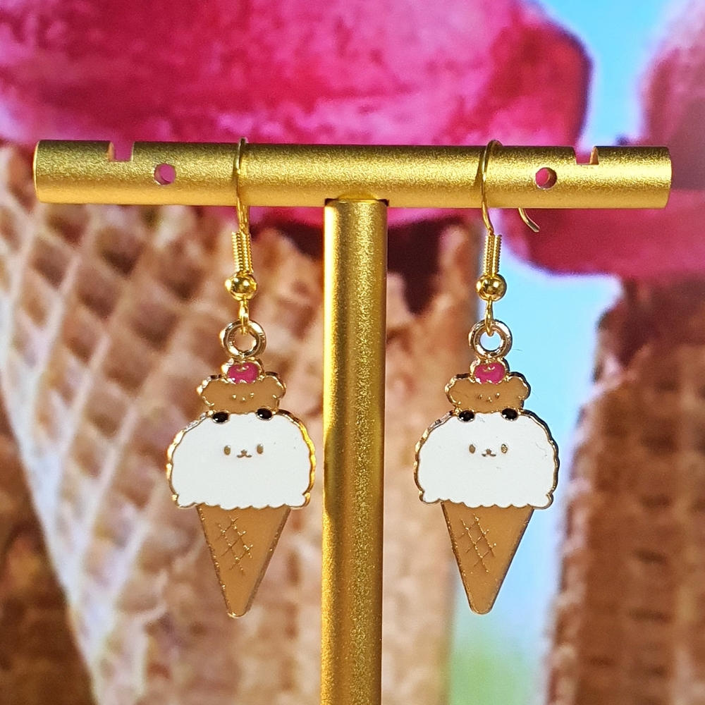 Ice Cream Cone Enamel Gold Metal Earings